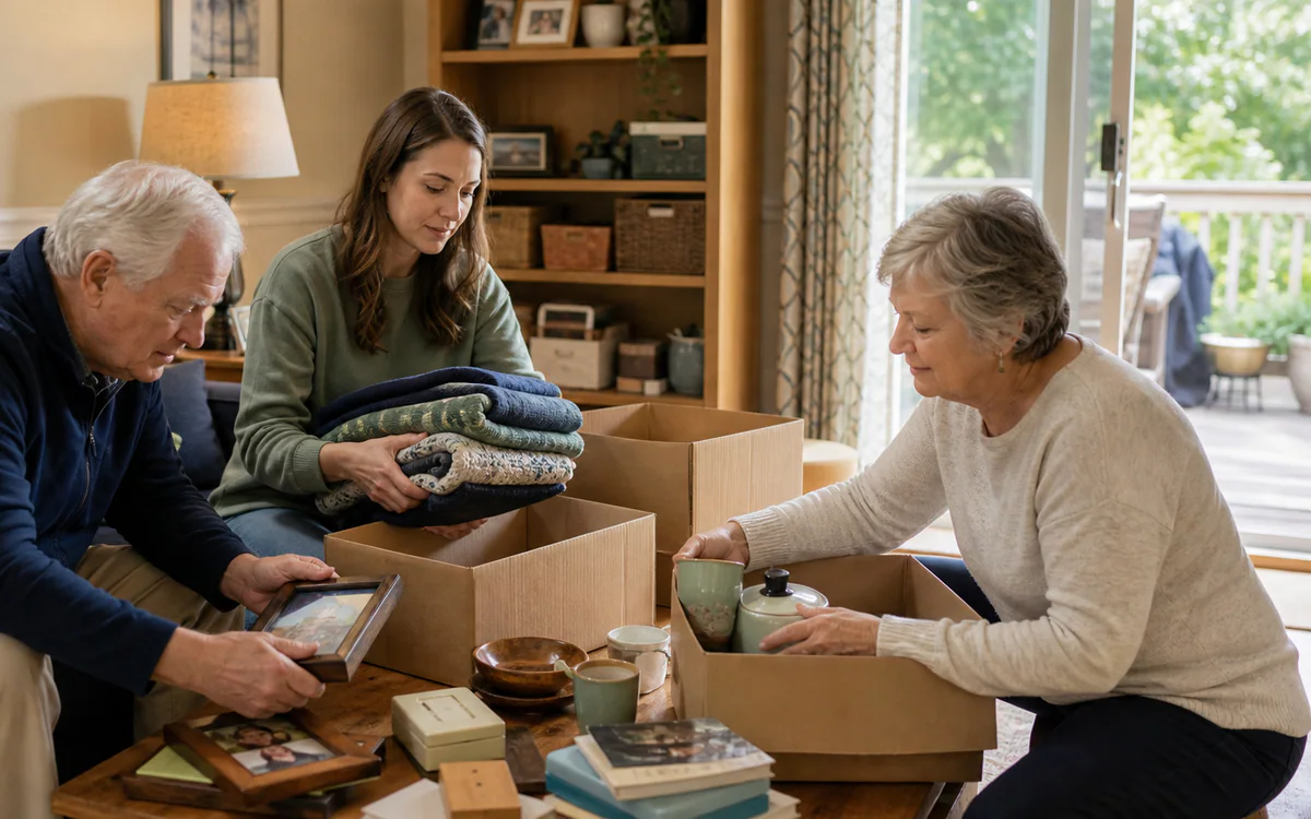 Grandparents and adult grandchild sorting family items in Lexington, SC