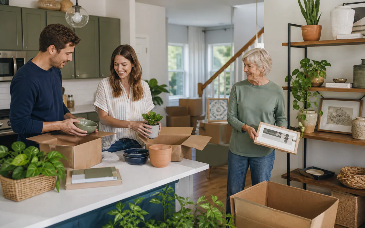 Family organizing kitchenware and plants during a Mauldin, SC home transition