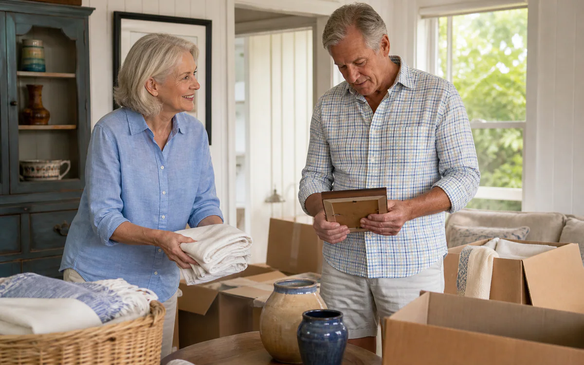 Older couple sorting linens and pottery during a Mount Pleasant, SC home transition