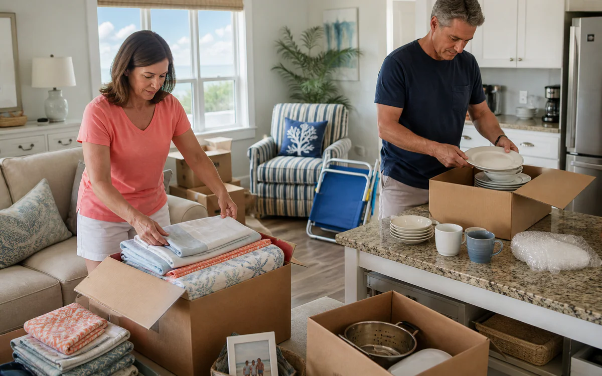 Adults organizing household items in a Myrtle Beach, SC condominium