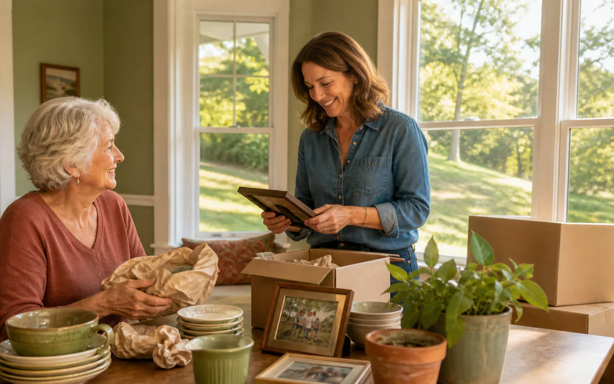 Family sorting dishes and garden items during a North Augusta, SC move