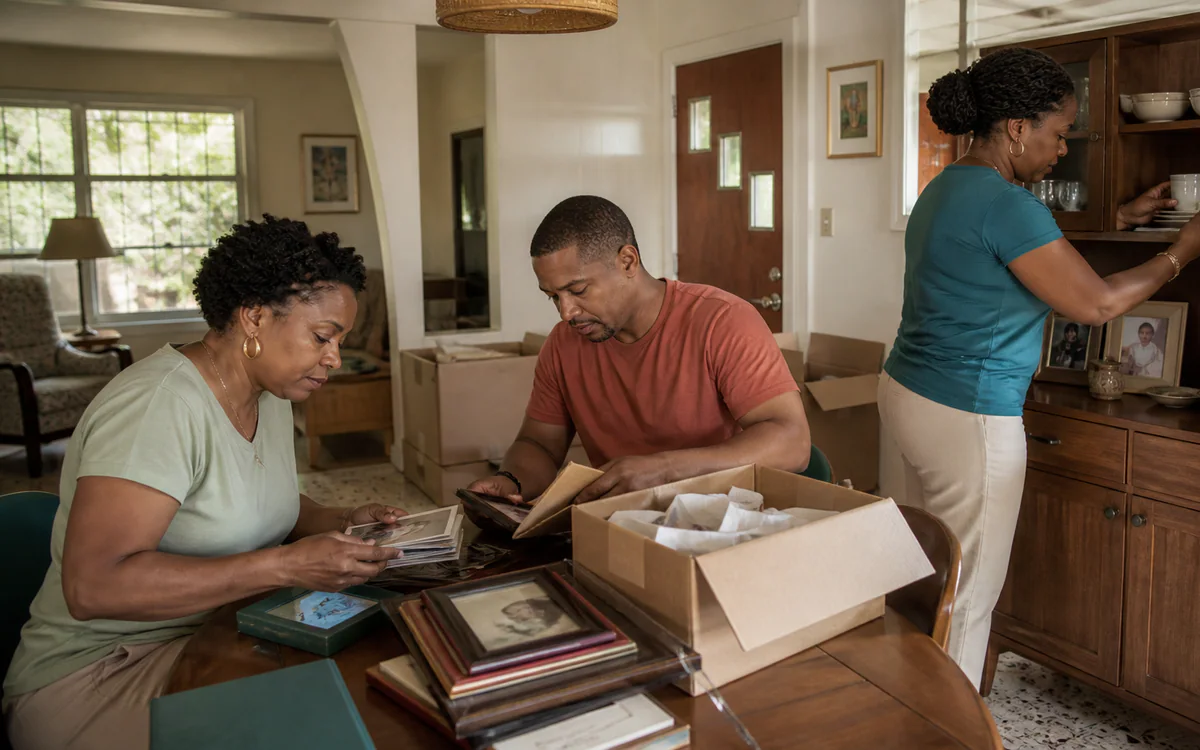 Family organizing records and keepsakes during a North Charleston, SC home transition