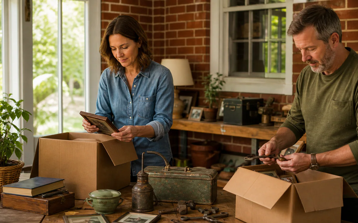 Siblings sorting tools and family keepsakes during a Rock Hill, SC estate transition