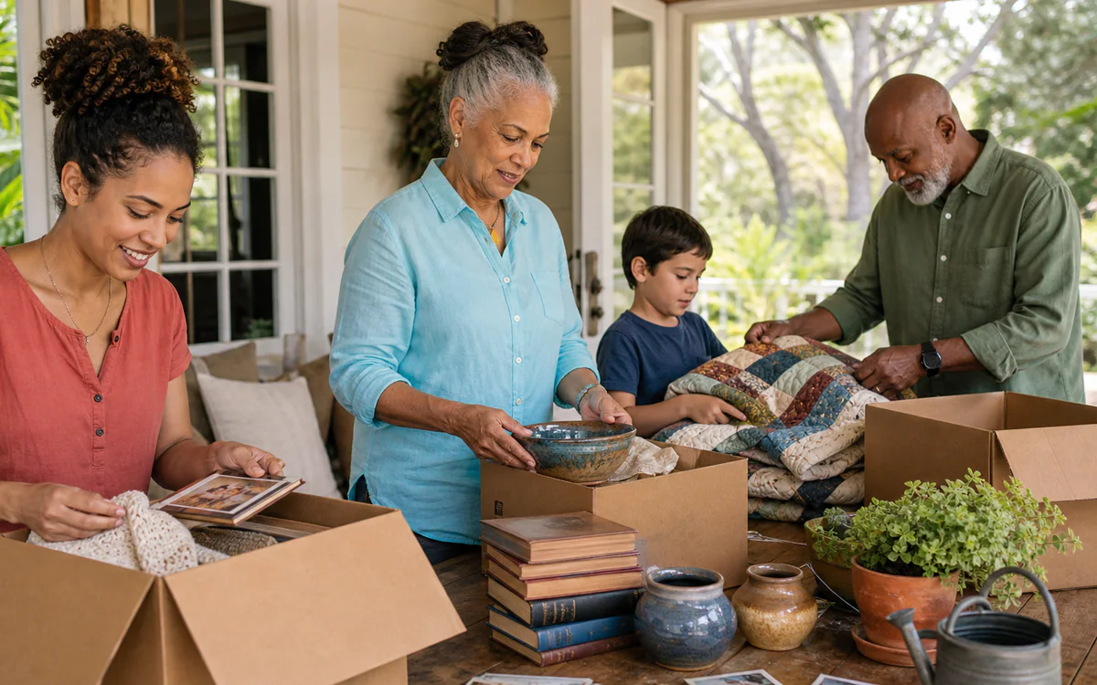 Multigenerational family calmly sorting keepsakes during a South Carolina home transition