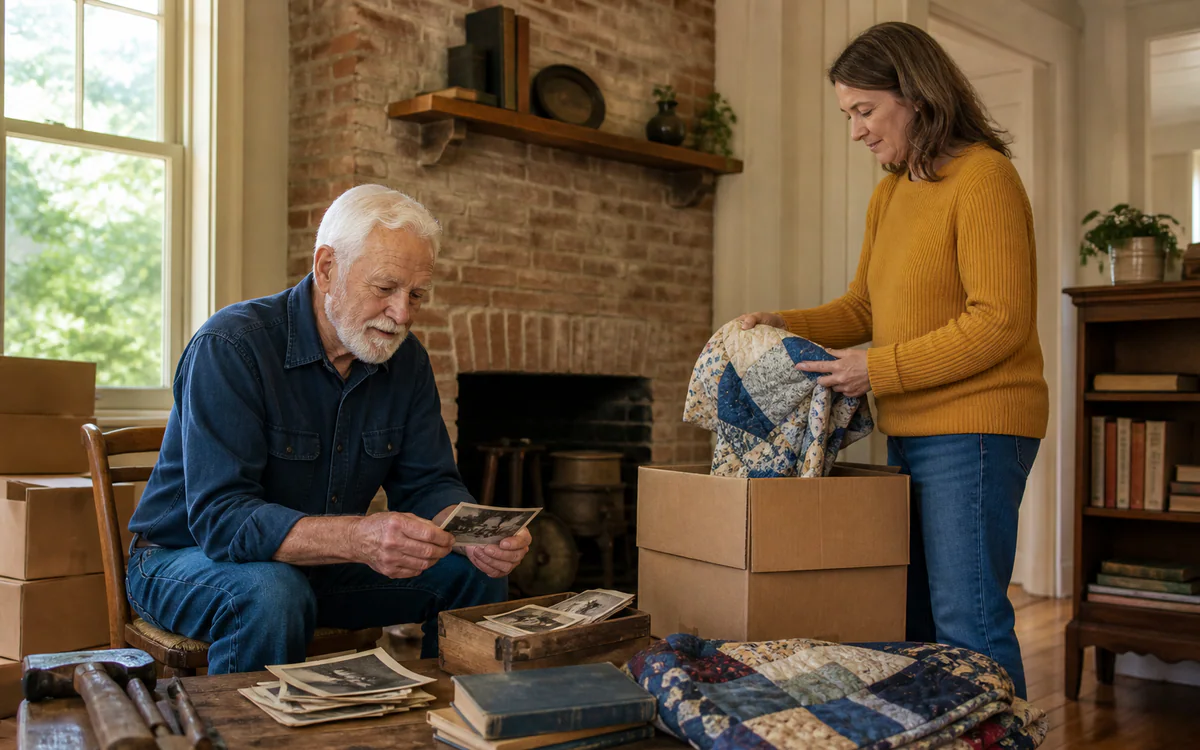 Two generations sorting quilts and keepsakes during a Spartanburg, SC move
