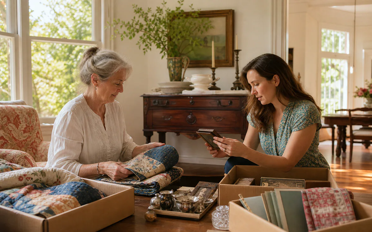 Family members sorting quilts and heirlooms during a Summerville, SC downsizing transition