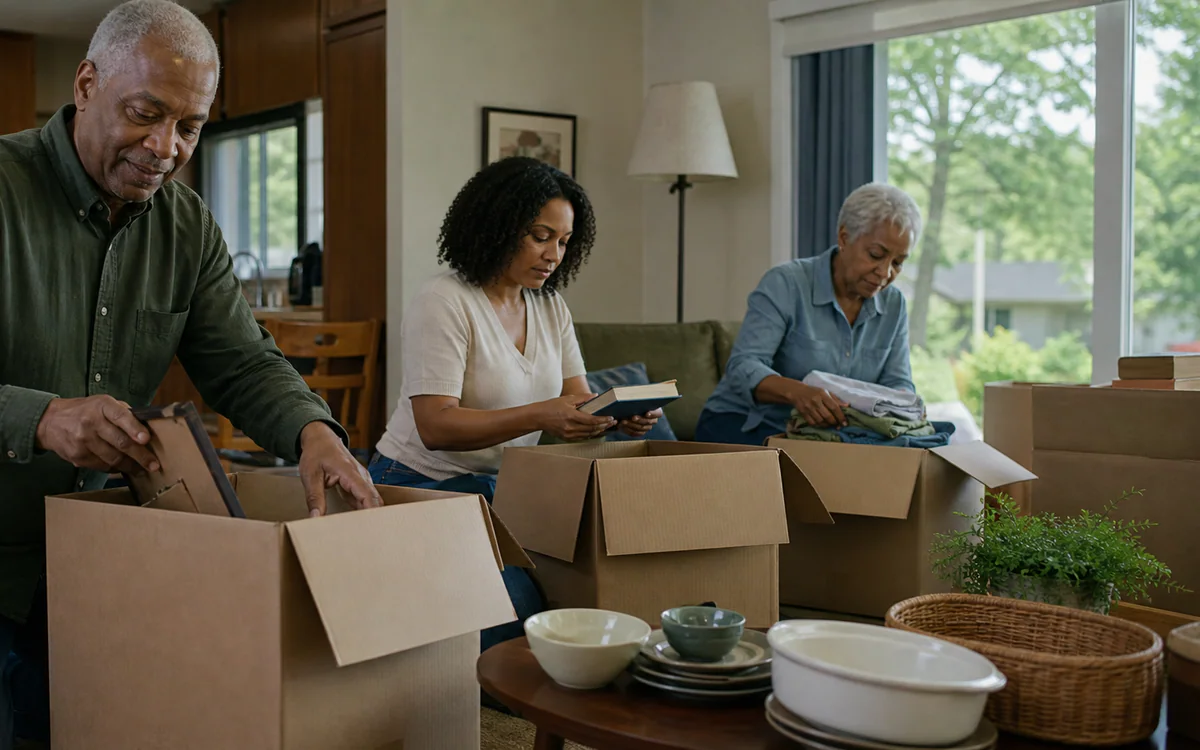 Family sorting household belongings during a Sumter, SC relocation