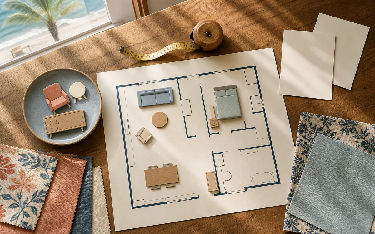 Downsizing and Organizing Resources planning materials arranged in a warm South Carolina home