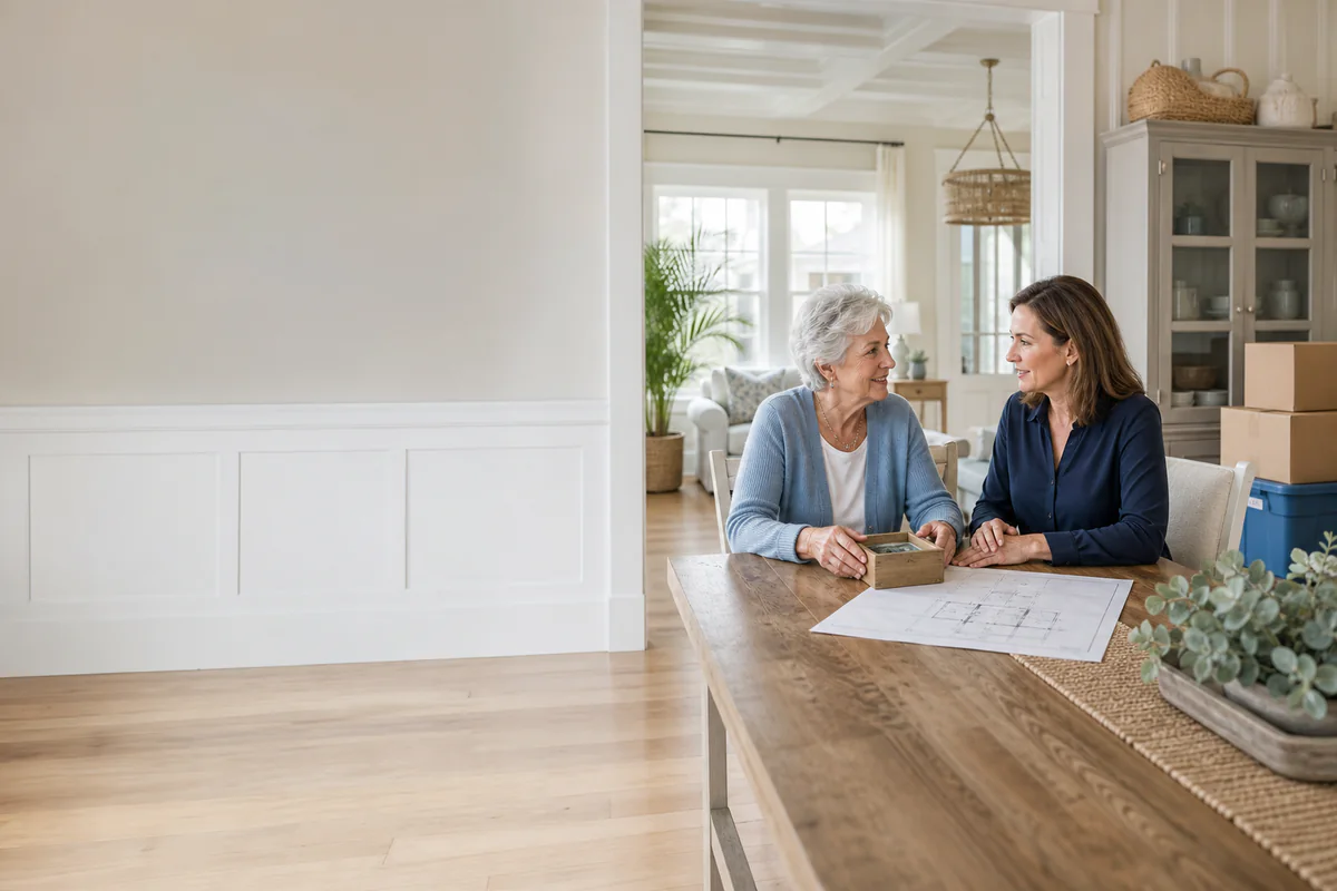An older homeowner and a home-transition professional review a keepsake and property plan together in South Carolina