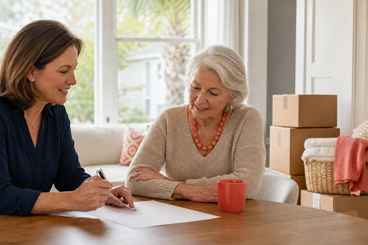 Older couple discussing a household transition plan at a kitchen table