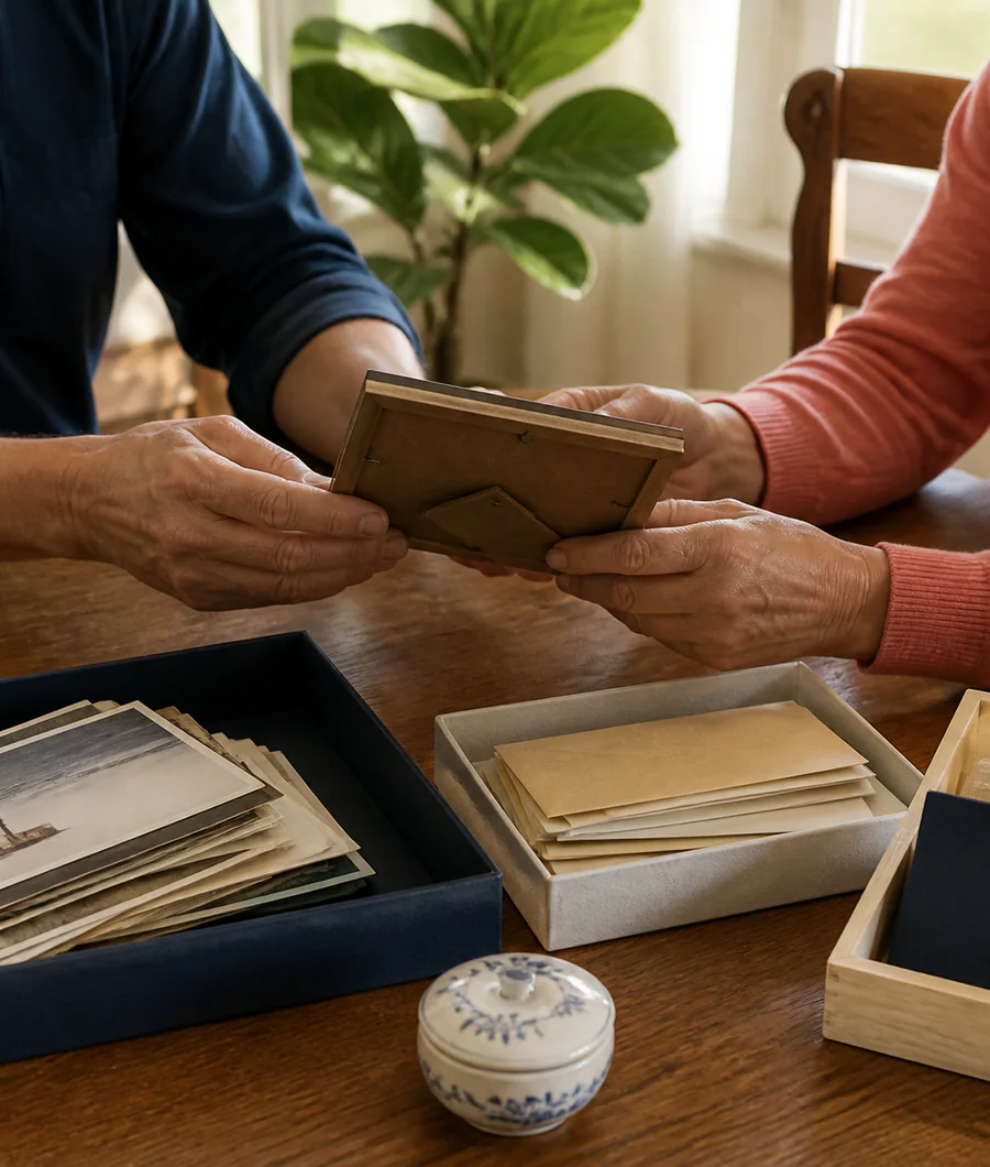 Hands carefully sorting family keepsakes at a table