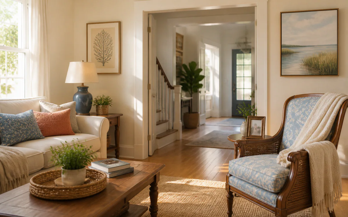 Calm organized living room after home transition planning for South Carolina